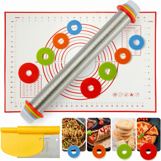 MIKULA Rolling Pin, Rolling Pins Thickness Rings and Silicone Baking Pastry Mat Set, Stainless Steel Dough Roller Rolling Pins for Baking & Bench Scraper For Pizza, Cookies, Pie, Pasta, Pastries