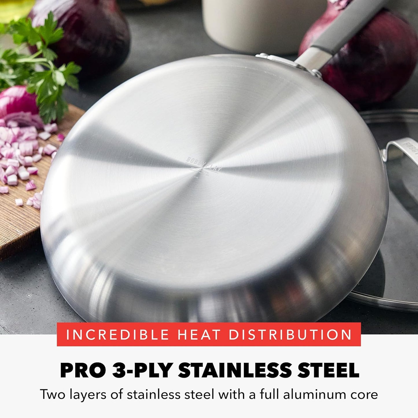 GreenPan x Bobby Flay Stainless Steel 12 Piece Cookware Pots and Pans Set and 8" Chef's Knife, Professional Grade Tri Ply, PFAS-Free Ceramic Nonstick, Induction Suitable, Dishwasher & Oven Safe