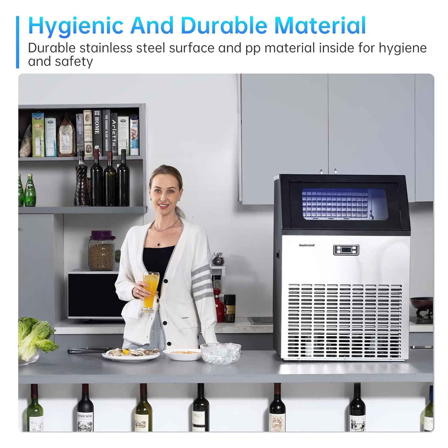 Commercial Ice Maker Machine, 270 lbs/24 Hours, 48 lbs Storage Bin, Stainless Steel, Blue Light, Freestanding, Great for Home or Business, Includes Ice Scoop, Connecting Hose