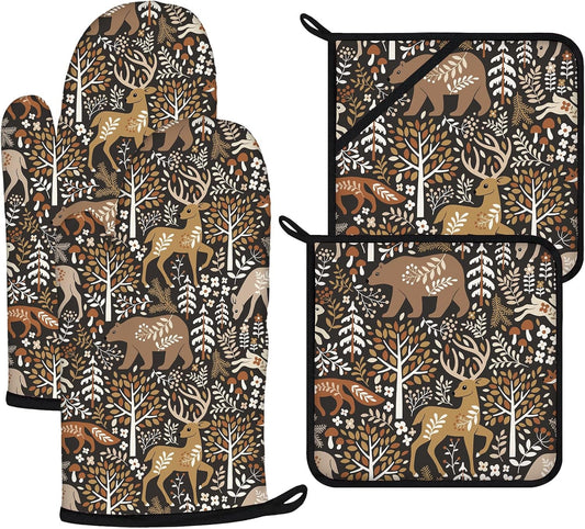 Bear Deer Oven Mitts and Pot Holders Sets 4Pcs,Extra Long Oven Gloves Potholder for Kitchen Cooking Baking BBQ 100% Cotton Heat Resistant