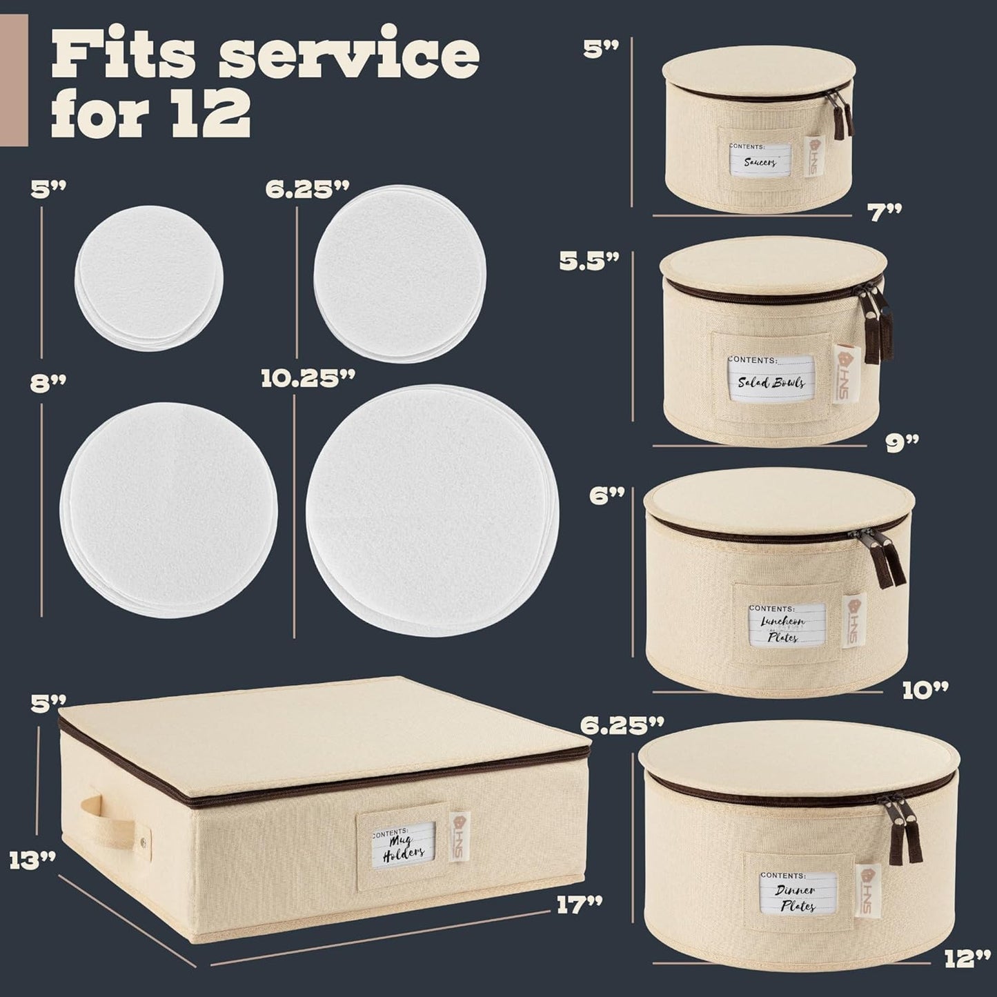 Hard Shell China Storage Containers 5-Piece Set Moving Boxes for Dinnerware, Glasses, Plates, Mugs and Saucers Sturdy Dish Organizer with Dividers for Seasonal Storage - Service for 12 - Beige