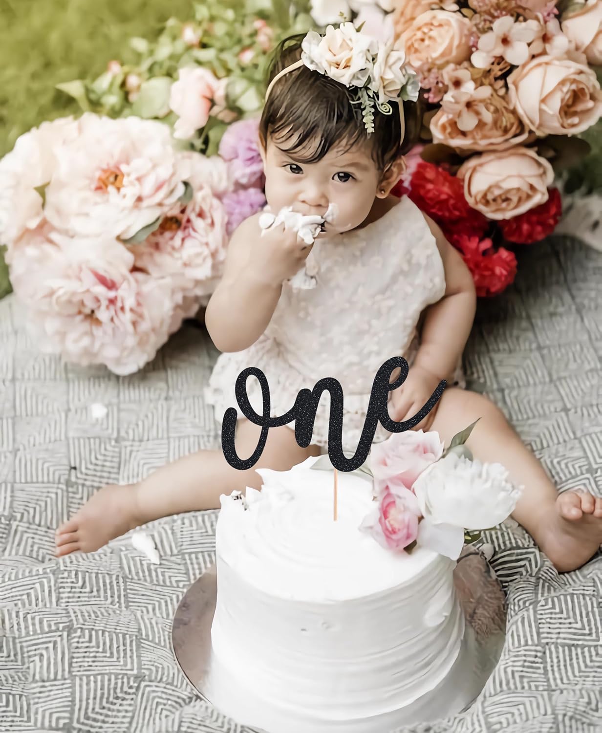 First Birthday Cake Topper - Black Glitter One Cake Decorating Supplies for Girls and Boys, Perfect for Baby Shower/Gender Revealing Party/Baby Party Photo Booth Props