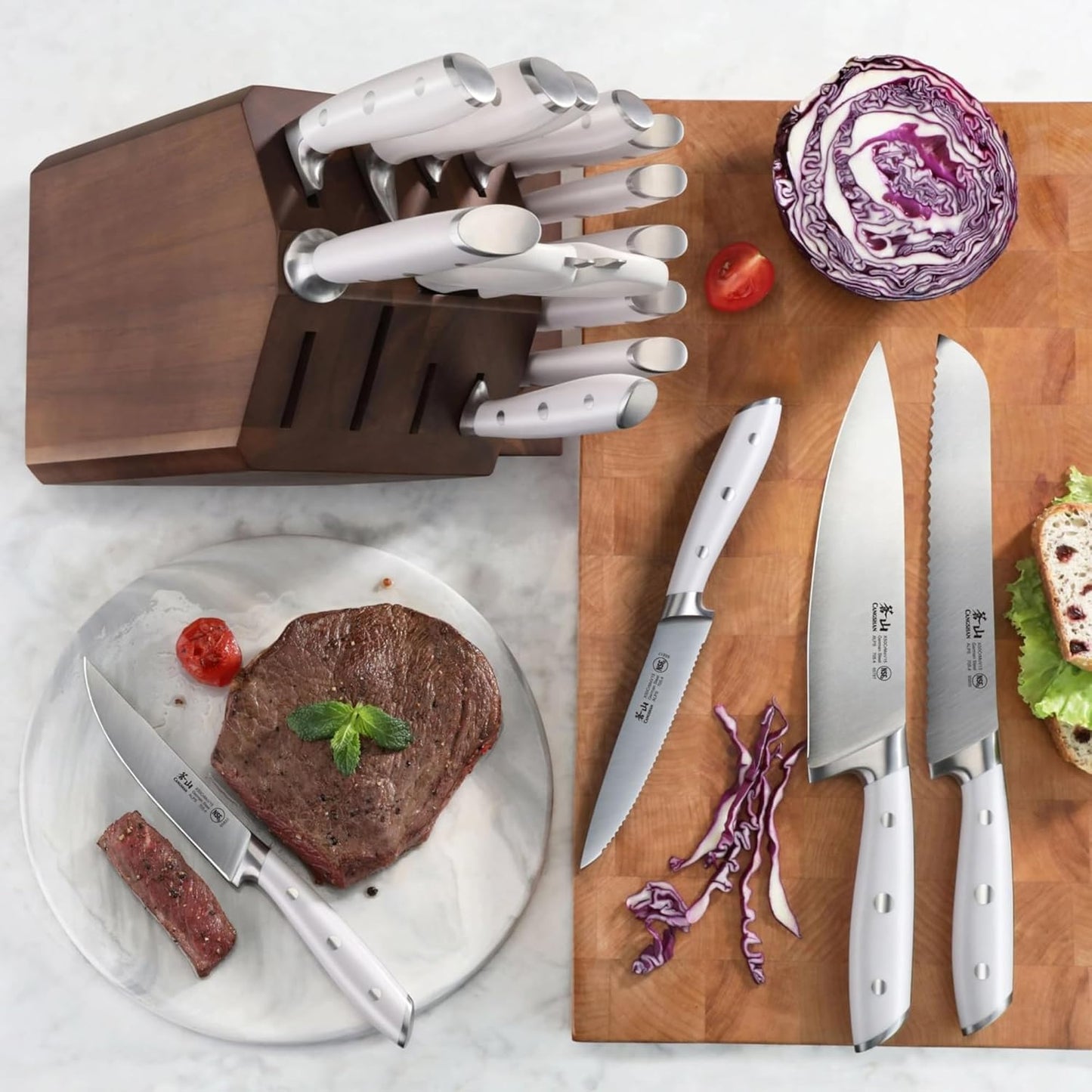 Cangshan Alps Series German Steel Forged 17-Piece Knife Block Set, Acacia (White)