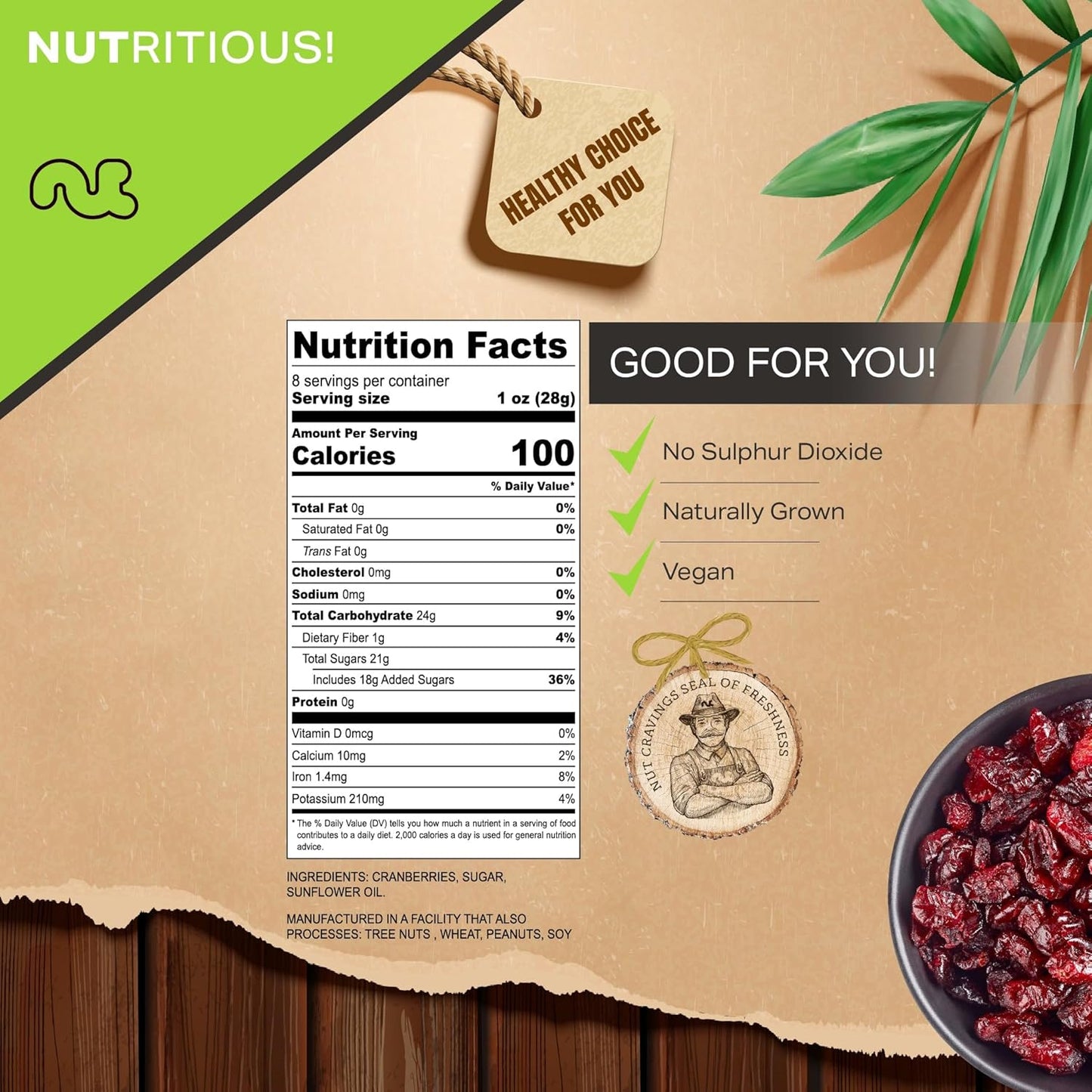 NUT CRAVINGS - Sun Dried Whole Cranberries, Lightly Sweetened (8oz, 1 Pack) Bulk Dry Fruits Packed Fresh in Resealable Bag - Sweet Healthy Snack, Naturally Grown, Vegan, Kosher