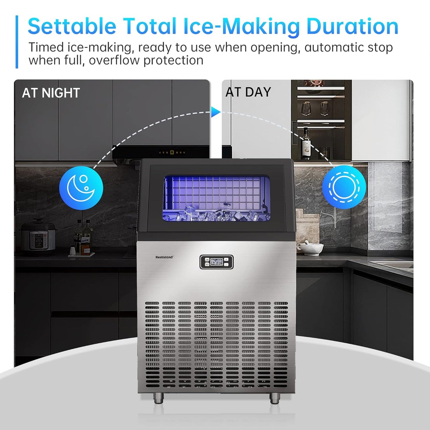 Commercial Ice Maker Machine, 270 lbs/24 Hours, 48 lbs Storage Bin, Stainless Steel, Blue Light, Freestanding, Great for Home or Business, Includes Ice Scoop, Connecting Hose