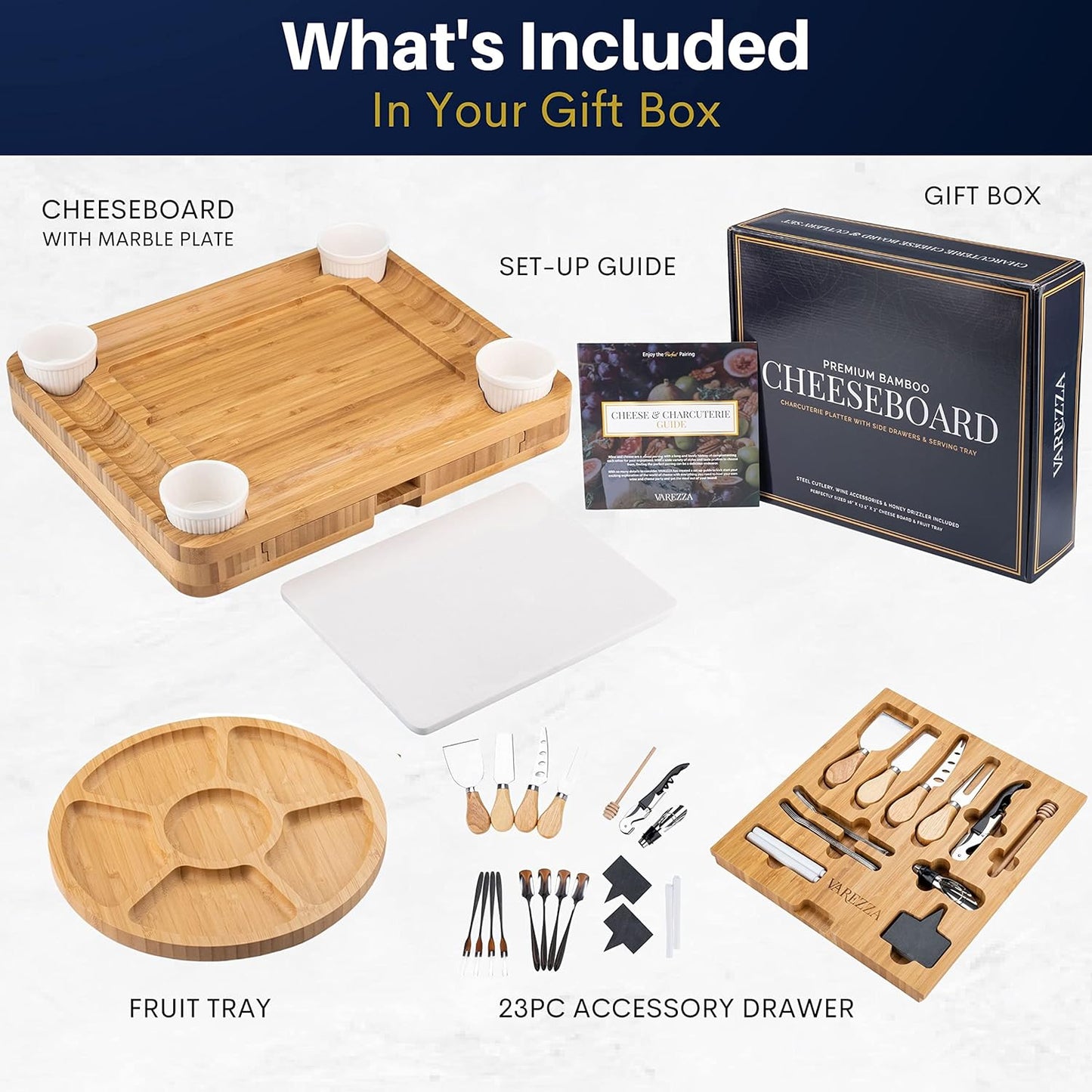 Extra Large Charcuterie Boards Gift Set: Marble Bamboo Cheese Board Set- Unique for Mom, 23 Entertaining Accessories, Wedding Gifts for Couple, House Warming Gifts New Home