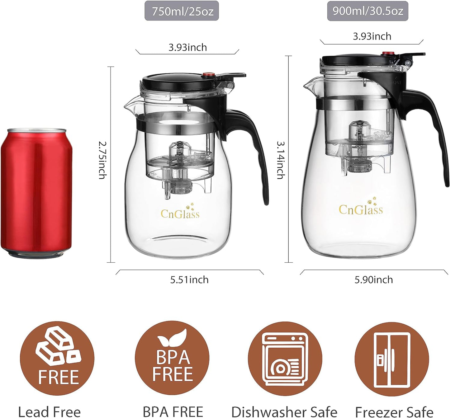 CNGLASS Glass Teapot with Removable Infuser,30.5oz Clear Tea Kettle with One Button Press to Filter the Tea Soup,Loose Leaf and Blooming Tea Maker