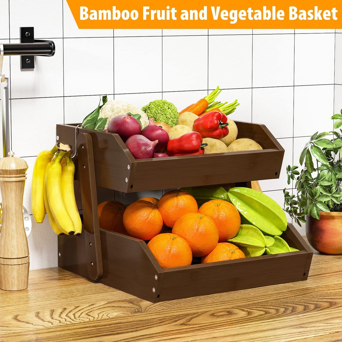 Bamboo Fruit Basket for Kitchen – 2 Tier Fruit Bowl For Kitchen Counter, Large Fruit Holder With 2 Banana Hangers, Idea For Fruit and Vegetable Storage, Bread Basket, Snack Organizer(WALNUT)
