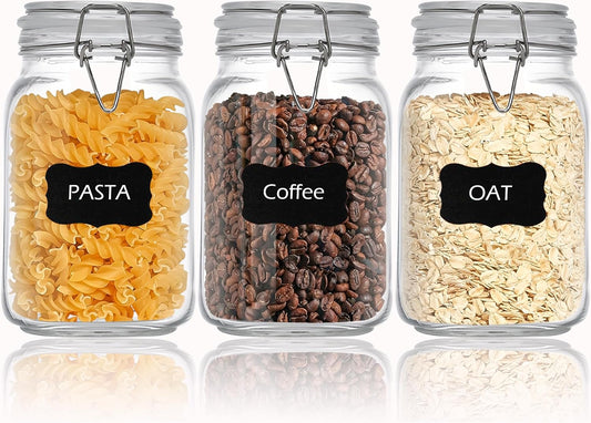 Clear Food Storage Jars 50oz Square, Airtight Glass Canister with Lids Set of 3, Kitchen & Pantry Organization Food Storage Container for Canning, Sugar, Flour, Candy, Cereal, Coffee
