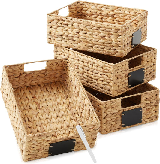 Casafield Set of 4 Water Hyacinth Pantry Baskets, 10" x 13" x 5", with Chalkboard Labels and Chalk Marker - Natural, Woven Storage Bin Organizers for Kitchen Shelves