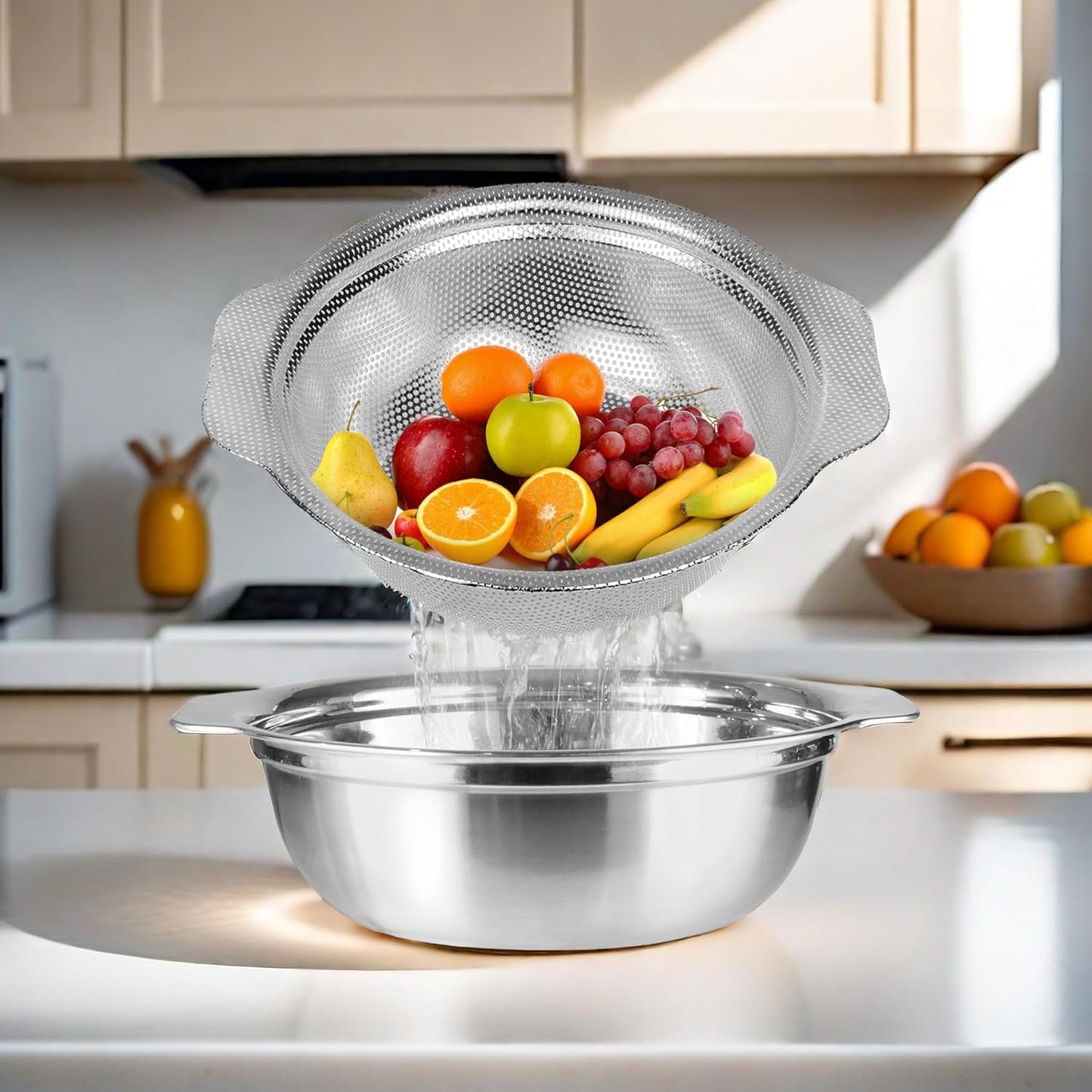 Extra Large 5.5QT Stainless Steel Colander, Large Capacity Rice Colander with Mixing Bowl, Rice Strainer for Vegetables, Fruit, Spaghetti, Pasta Strainer, Dishwasher Safe(2PC)