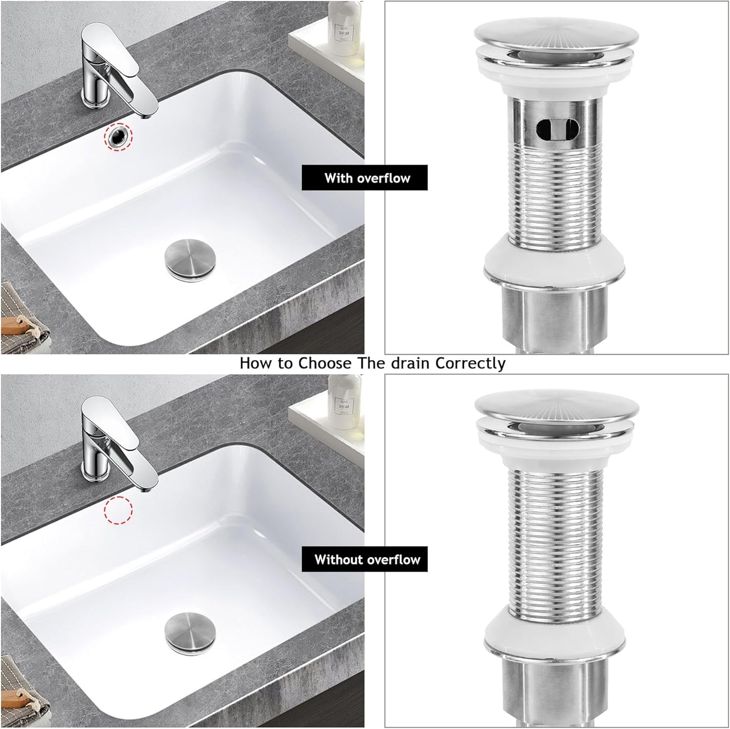 Bathroom Sink Drain,2 Pack Drain Stopper Without Overflow,Pop Up Drain Assembly with Detachable Strainer Basket,Built-in Anti-Clogging, Stainless Steel Nut Brushed Nickel