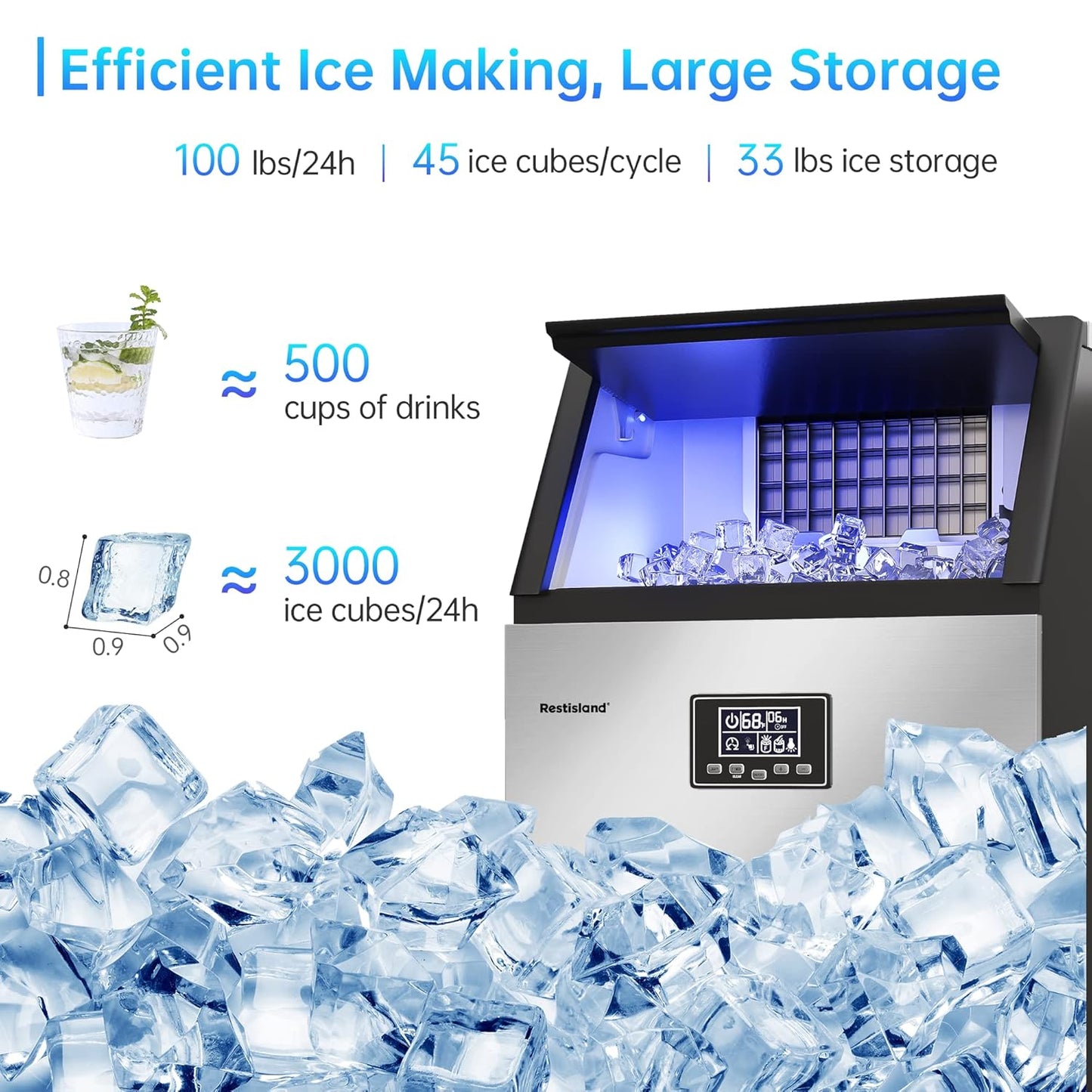 Commercial Ice Maker Machine, 100 lbs /24 h, 33 lbs Storage Bin, Stainless Steel, Compact, Embedded, Self-Cleaning, Perfect for Home/Office/Shop/Cafe, Includes Ice Scoop, Connection Hose