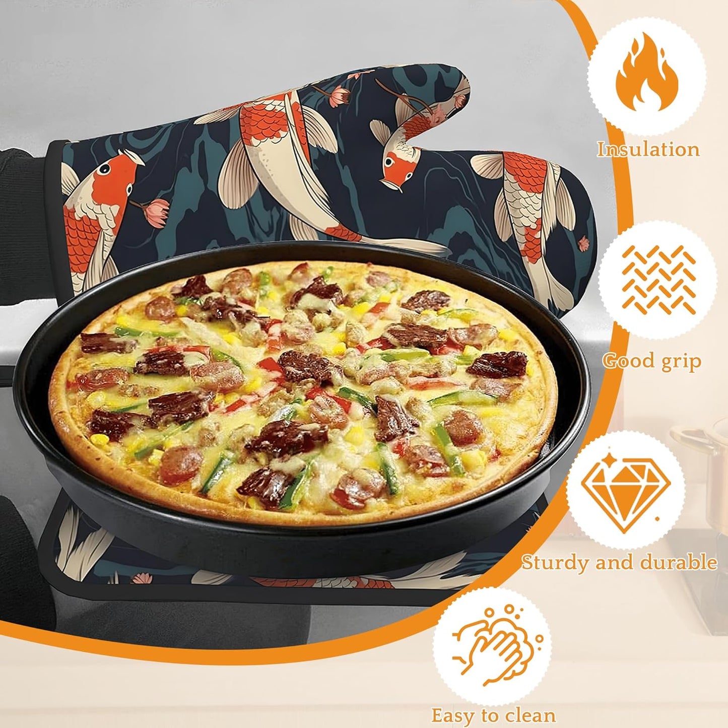 Goldfish Flower Japanese Oven Mitts and Pot Holders,Heat Resistant Oven Mitts Gloves and Pot Holder for Home Kitchen Decorations Cooking Baking BBQ Gifts,Set of 4