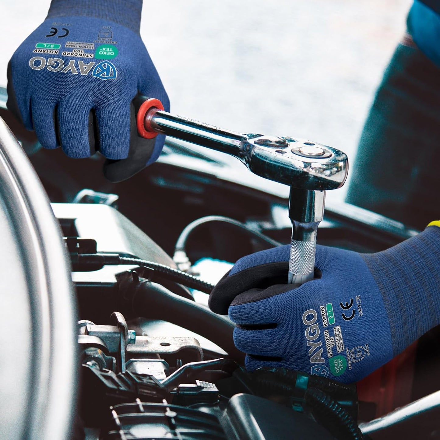 KAYGO Safety Work Gloves MicroFoam Nitrile Coated-12 Pairs, KG18NB,Seamless Knit Nylon Glove with Black Micro-Foam Nitrile Grip,Ideal for General Purpose,Automotive,Home Improvement, Dark Blue, M