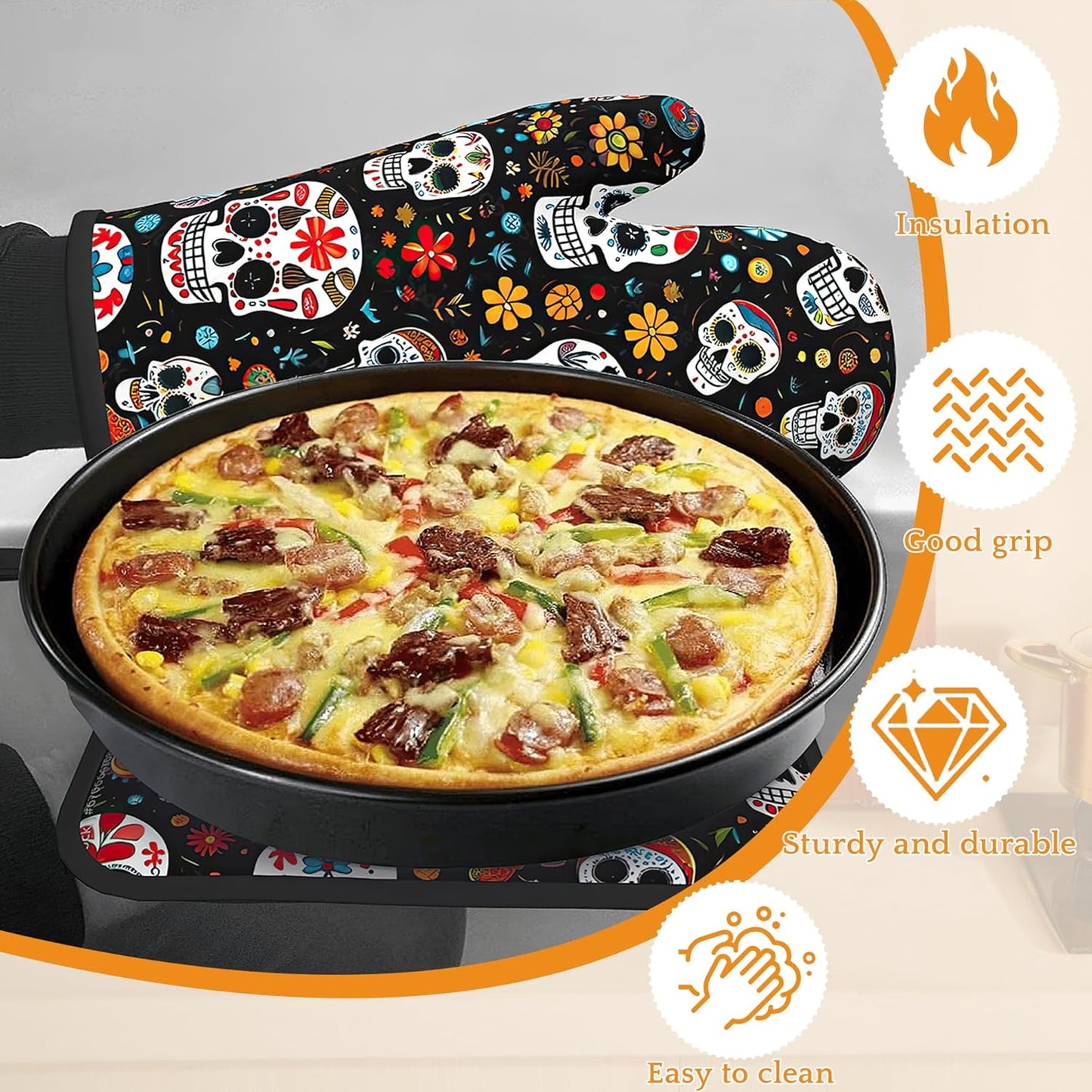 Day of The Dead Skull Mexican Oven Mitts and Pot Holders Set,Flower Kitchen Decor Heat Resistant Non Slip Hot Pads and Oven Mitt for Chef Cooking Baking BBQ Mom Girl Gifts(4 Piece Set)