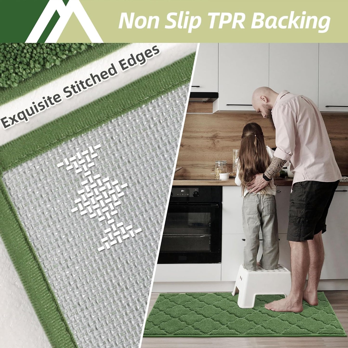 COSY HOMEER Soft Kitchen Rugs [2 PCS] for in Front of Sink Super Absorbent Kitchen Floor Mats and Mats 20x30 Inch/20X48 Non-Skid Kitchen Mat Standing Mat Washable,Polyester,Green