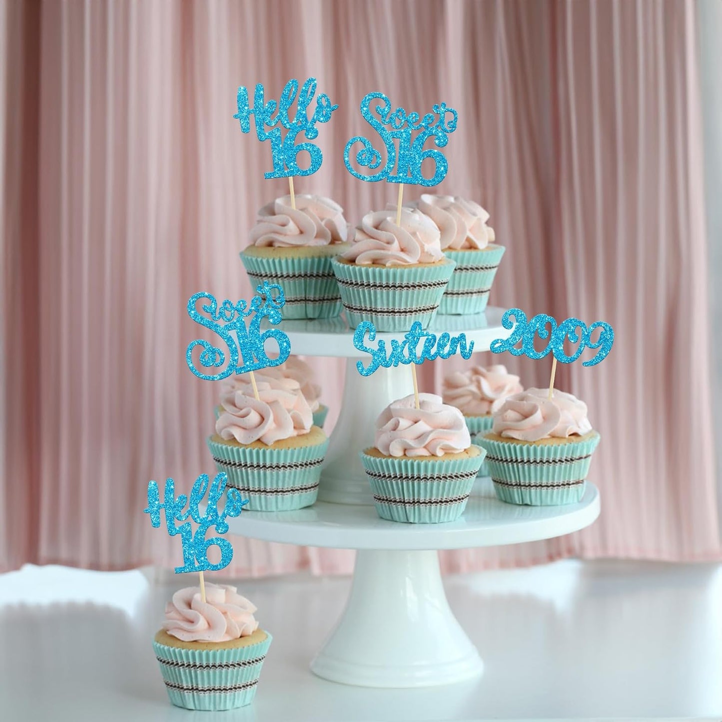 Gyufise 24Pcs Happy 16th Birthday Cupcake Toppers Glitter Hello 16 Sweet 16 Cupcake Picks Sixteen Years Old Birthday Cake Decorations for Celebrating 16th Birthday Anniversary Party Supplies Blue