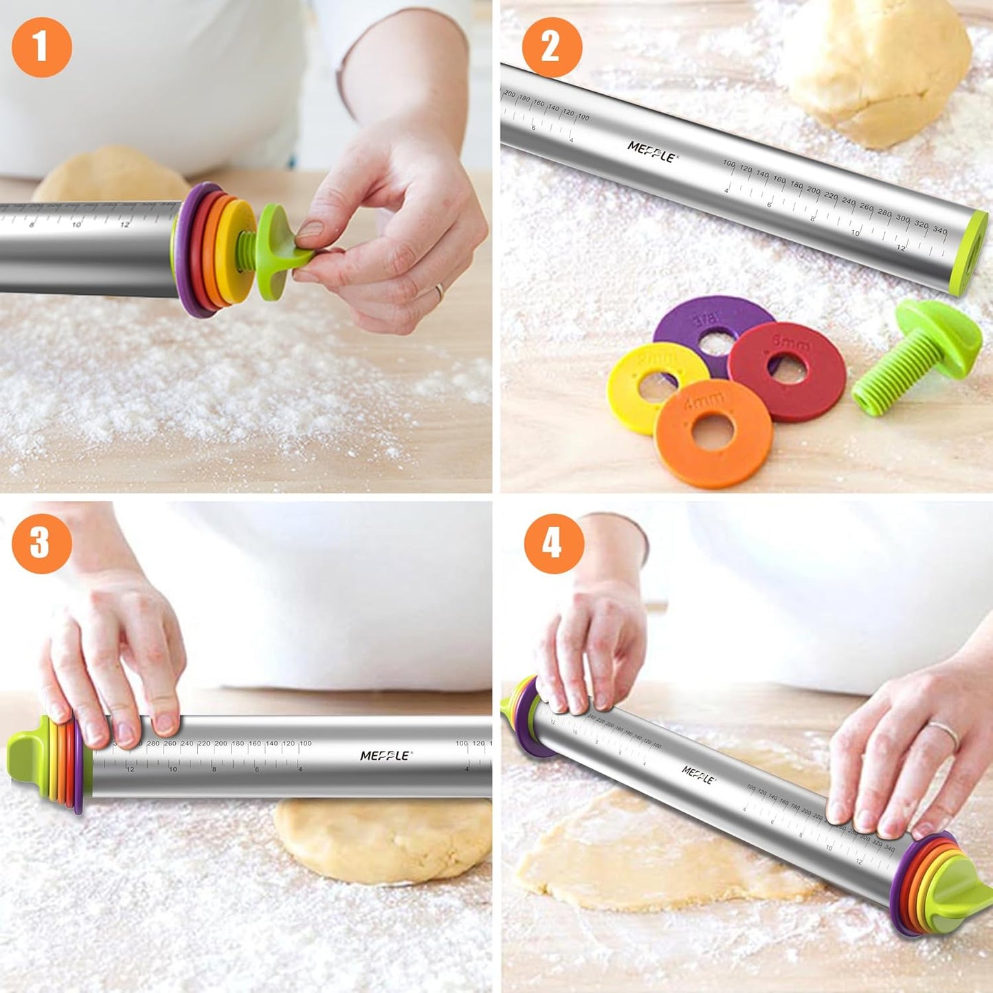 Stainless Steel Rolling Pin with Thickness Rings and Pastry Baking Mat, 13.6" Adjustable Rolling Pin Dough Roller for Baking Cookie Pizza, Comes with Large Silicone Pastry Mat and Wooden Stand