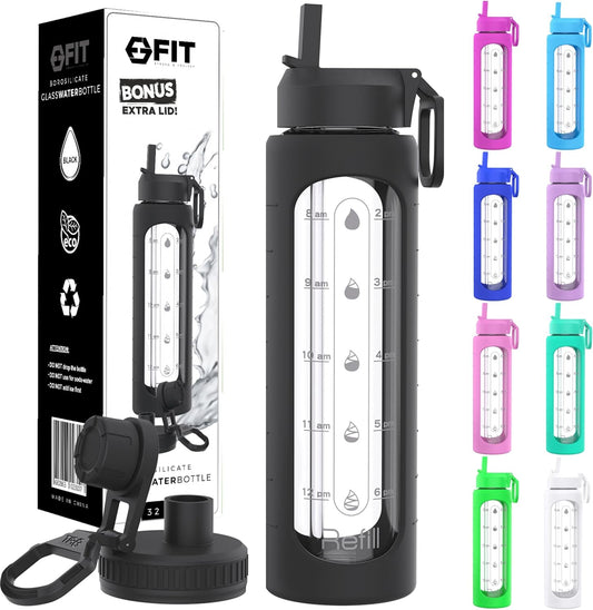 FIT Strong & Healthy 32 oz Glass Water Bottle with Straw Lid, Time Marker, Sleeve & Extra Lid - Motivational, Wide Mouth 1 Liter Glass Drinking Bottle