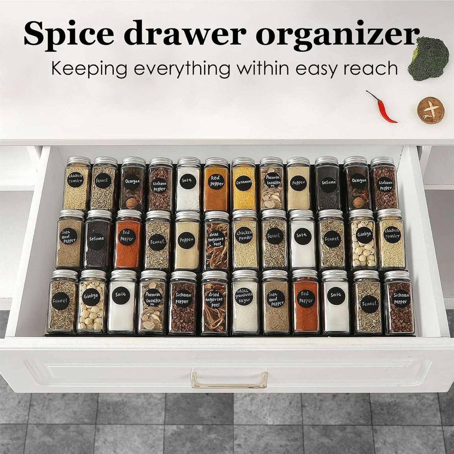 Famhap Spice Drawer Organizer, 6 Pack Drawer Seasoning Organizer Expandable from 11.6" to 23.2" Seasoning Rack Tray Insert for Kitchen Drawers, Spice Rack Tray for Drawer/Countertop (Black)