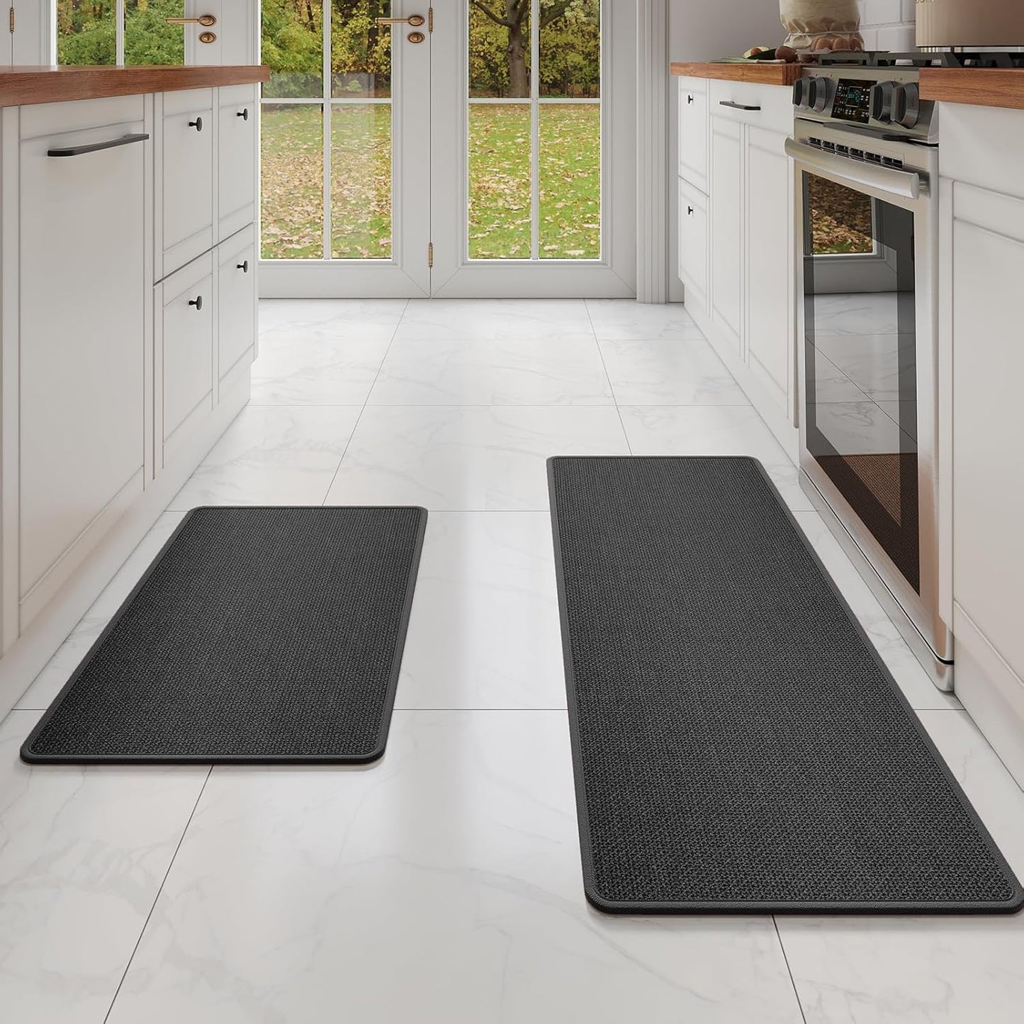 Kitchen mats for Floor Water and Oil Absorbent Runner Rugs for Kitchen, Kitchen Mat in Front of Sink,Non-Slip Kitchen Rugs,Durable Imitation Linen Kitchen Rug Black 17x30+17x59