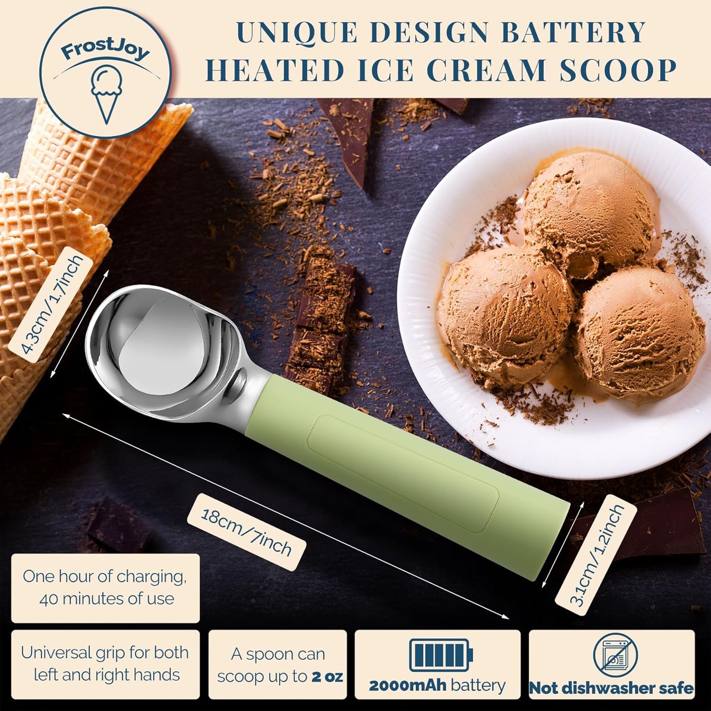Heated Ice Cream Scoop Rechargeable, Electric Warming Ice Cream Scooper with LED Display, Heats to 158°F for Hard Ice Cream, Easy for Seniors & Kids, IP67 Waterproof (Pistachio Green, 2oz)