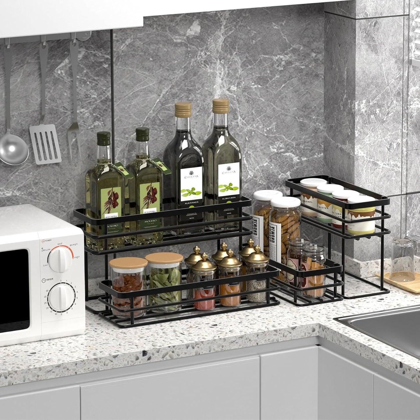 Coffee Syrup Rack Organizer, Syrup Bottle Holder Stand for Coffee Bar, 2-Tier 8 Bottles Storage Shelves for Syrup, Wine, Dressing for Kitchen Countertop (8 Bottles Black)