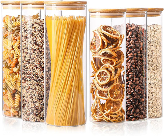 ComSaf Glass Food Storage Jars Set of 6, Tall Glass Storage Containers with Lids, Spaghetti Jar, Canisters Set for the kitchen, Pasta, Flour, Nuts, Oat, Coffee and Sugar Container, Pantry Organization