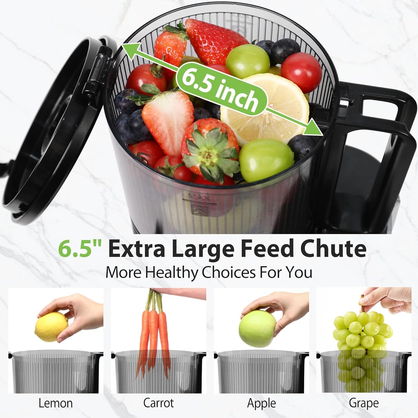 Cold Press Juicer, Masticating Slow Juicers, 6.5" Extra Large Feed Chute Juicers Machines, 350W Juicer Machines with High Juice Yield for Whole Vegetables & Fruits, BPA Free, Black, Easy to Clean