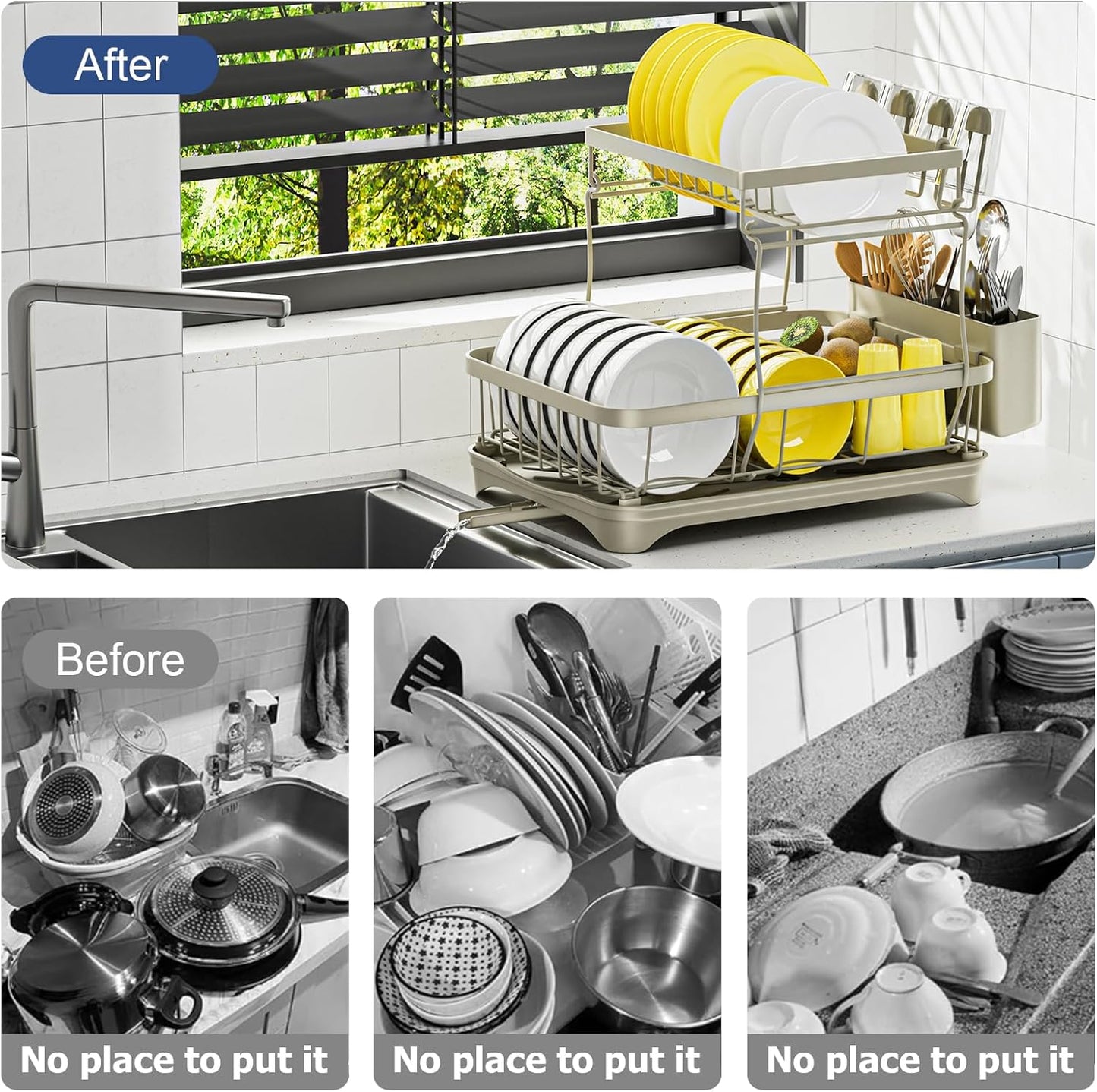 Dish Drying Rack 2-Tier Dish Racks for Kitchen Counter, Adjustable Spout Auto-Draining Dish Rack, Large Capacity for Plates, Bowls, Cups, Tableware, Dish Drainer with Drainboard,Grey