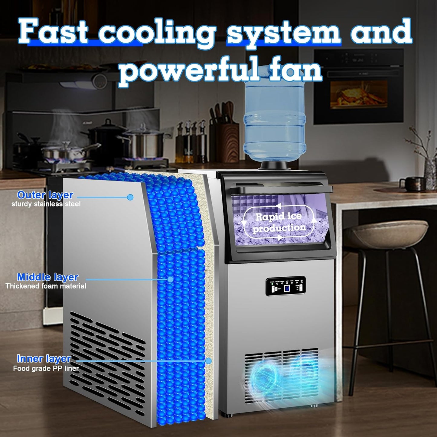 Commercial Ice Maker Machine 110lbs/24H with 22lbs Storage, Stainless Steel Freestanding Ice Machine 2 Water Inlet Modes 40Ice/Cycle, Self-Cleaning Function for Homes Restaurants Bars