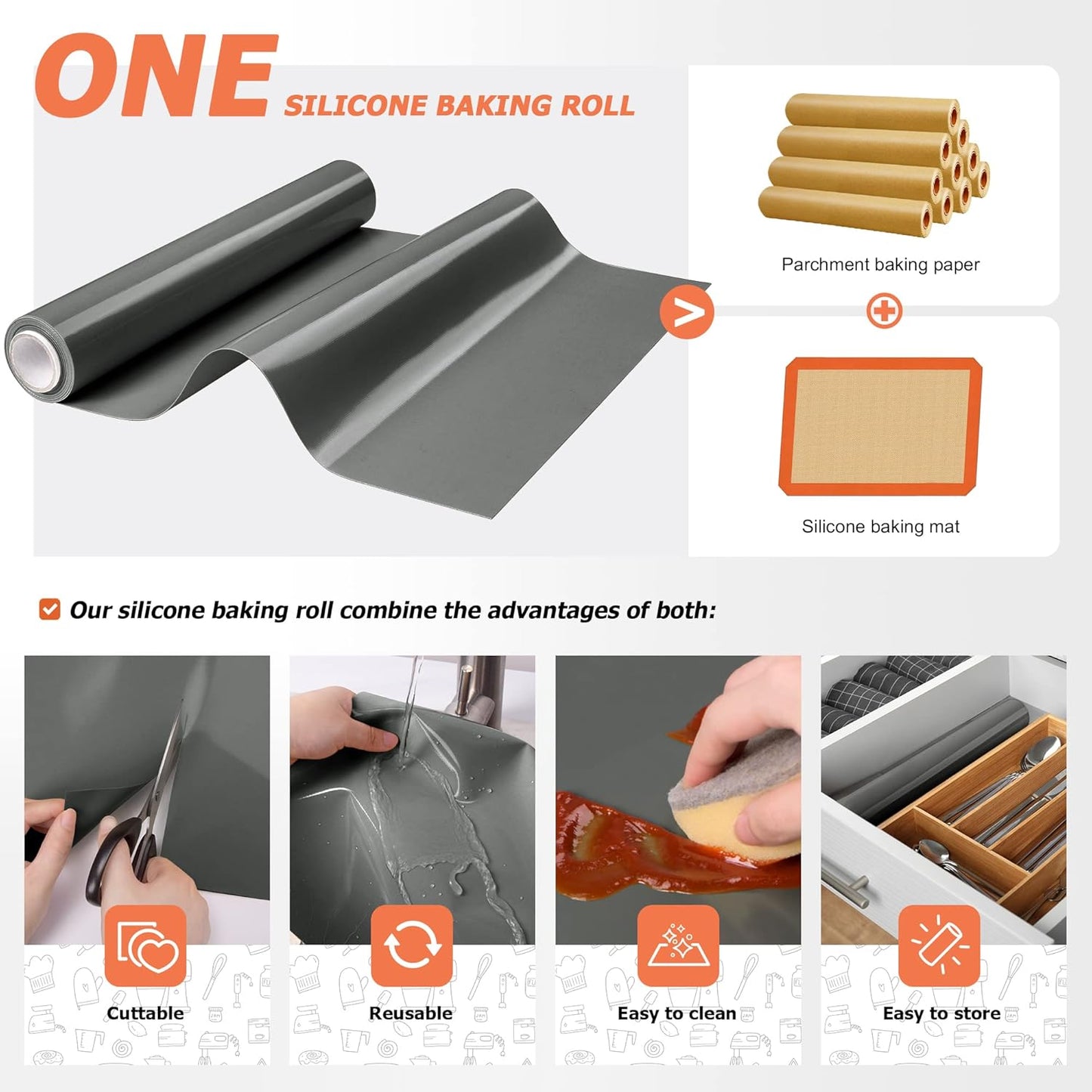 Silicone Baking Mat Roll - Best German Silicone - Non-slip Silicone Pastry Mat, Non-Stick Reusable Air Fryer Linner, Counter Mat, Oven Liner, Freeze Dryer Mat - 16IN x 8FT