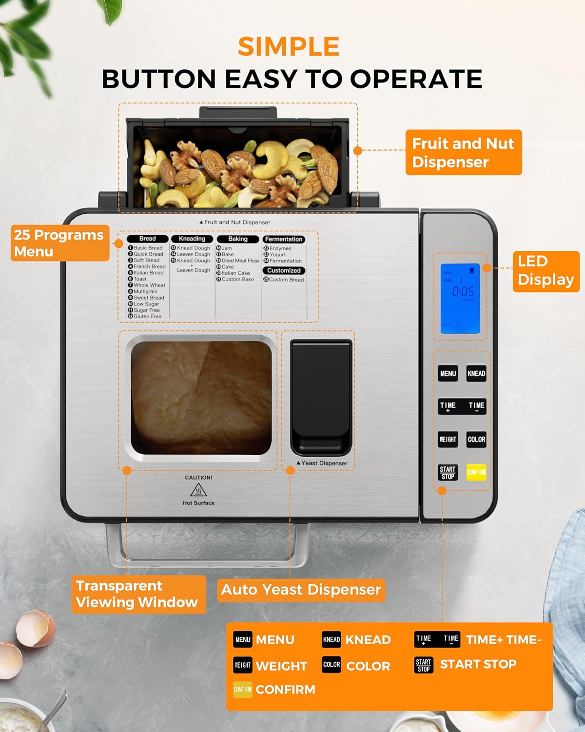 EUHOMY 25-in-1 Bread Maker Machine 2LB Breadmaker, Bread Machines with Nut Dispenser and Yeast Dispenser, 3 Loaf Sizes 3 Crust Colors, Dough Maker with Customized Options, Gluten-Free, Recipe, Gifts