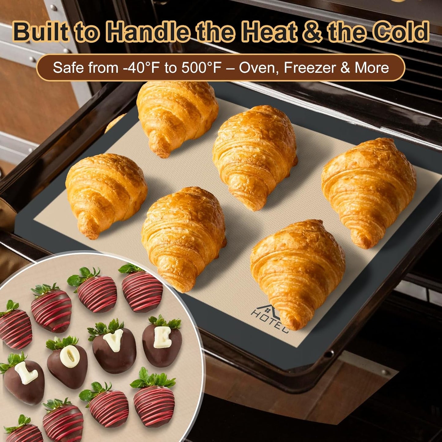 HOTEC Silicone Baking Mats 3 Pack – Non-Stick Reusable Silicone Baking Sheets for Oven – Cookie & Macaron Mats – 2 Half Sheet + 1 Quarter Sheet – BPA-Free, Dishwasher Safe
