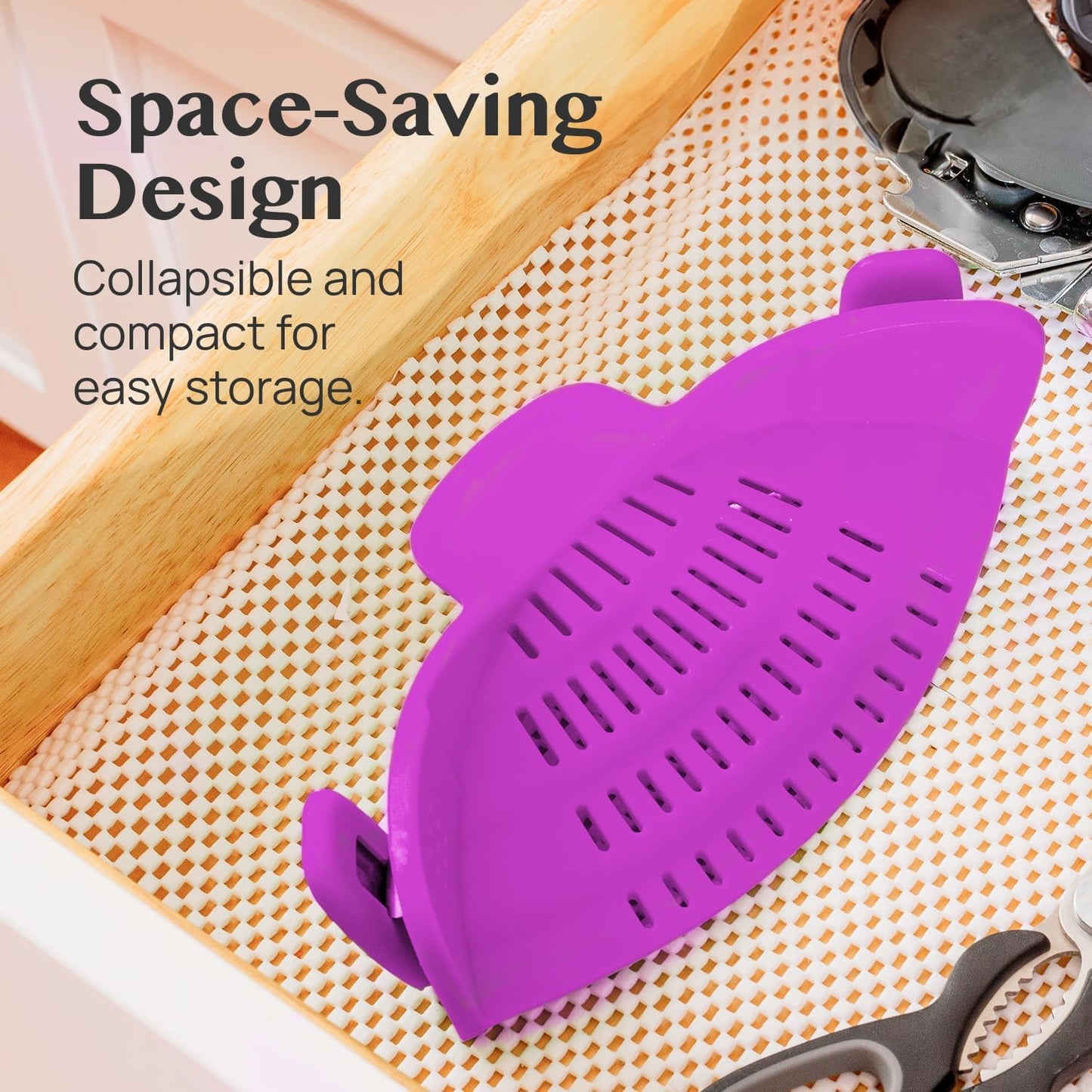 Kitchen Gizmo Snap N Strain Pot and Pasta Strainer - Strainers and Colanders - Adjustable Silicone Clip On Strainer for Pots, Pans, and Bowls - Kitchen Colander - Purple