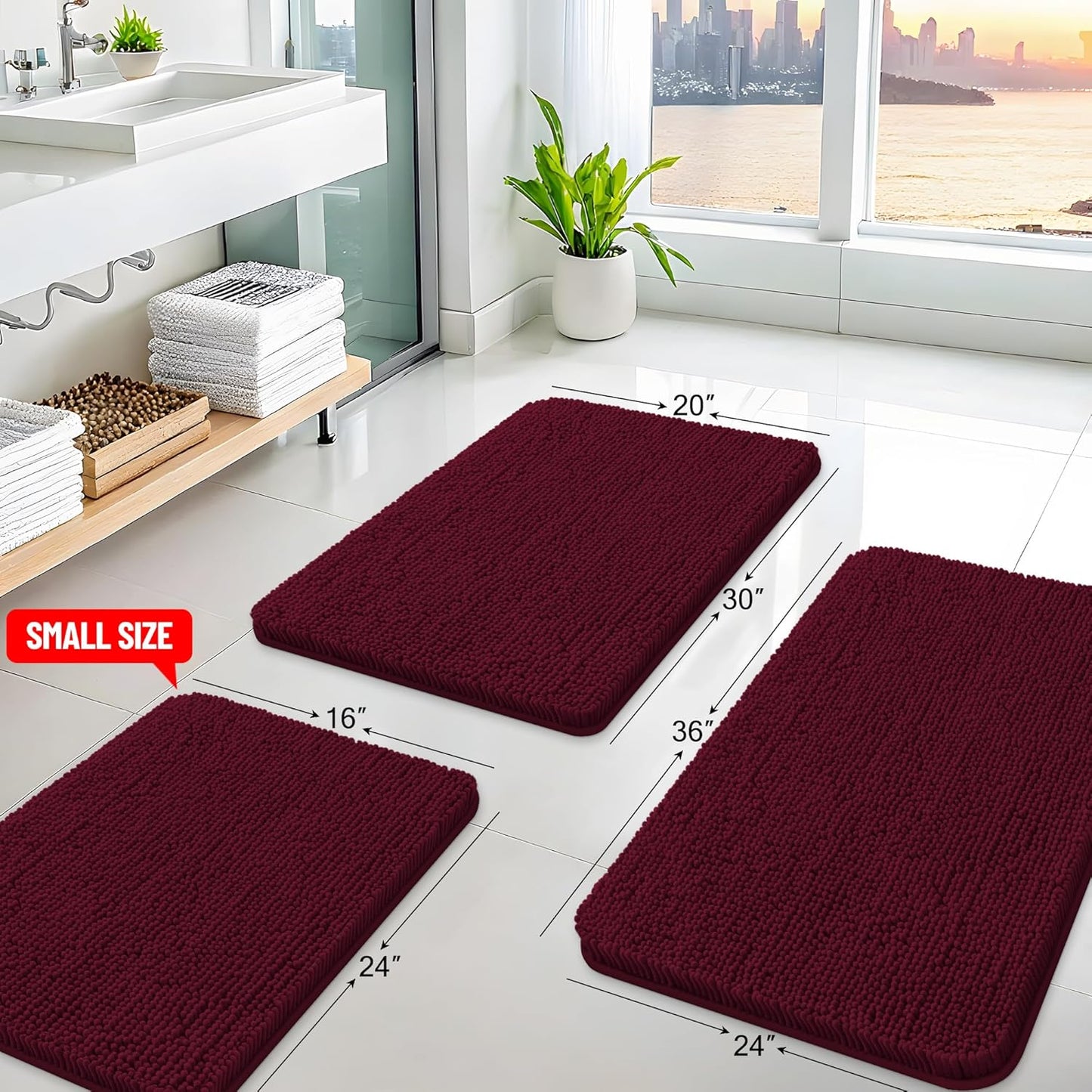 Arotive Bathroom Rugs 36x24, Extra Soft Absorbent Shaggy Chenille Bath Rugs, Machine Washable Rubber Backing Non-Slip Bath Mats for Bathroom Floor Tub and Shower, Home Decor Accessories, Burgundy