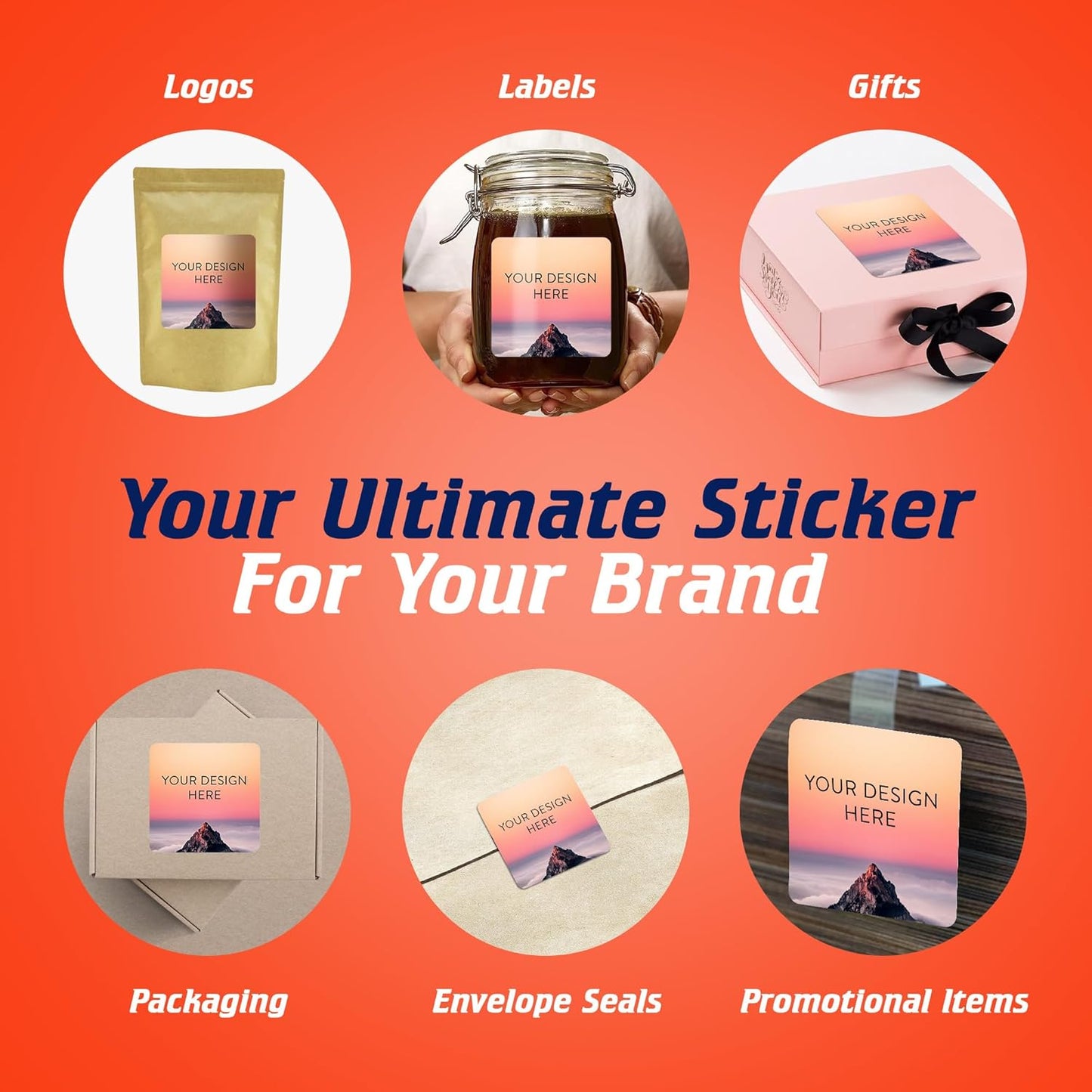 100 Custom Vinyl Stickers - Upload Your own Image, Text, Design, Logo - Personalized Logo Labels for Handmade, Packaging, Bottle, Jars, Candle, Brand Stickers (Mountain, 5x5 Square)