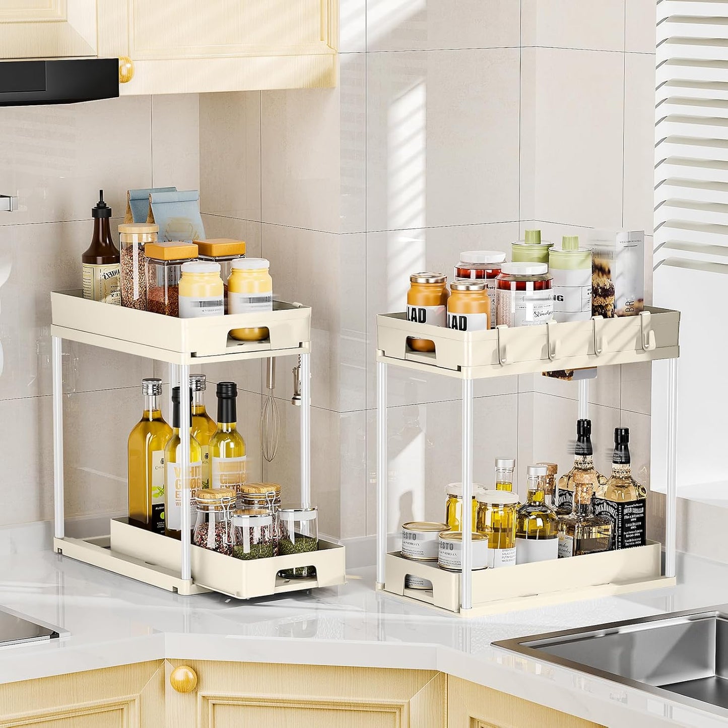 Delamu Under Sink Organizers and Storage, 2 Pack Pull Out Kitchen Bathroom Cabinet Organizer, 2 Tier Beige Under Sink Storage for Bathroom Kitchen