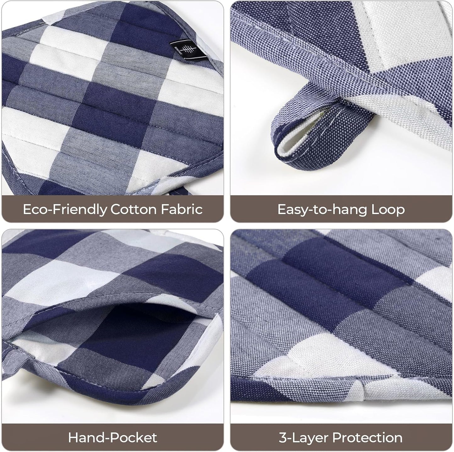Cotton Pot Holders for Kitchen Heat Resistant Potholder, Hot Pads, Trivet Coaster Non-Slip Potholders Set for Cooking and Baking (2, Blue Plaid, Square，8.27 in²)
