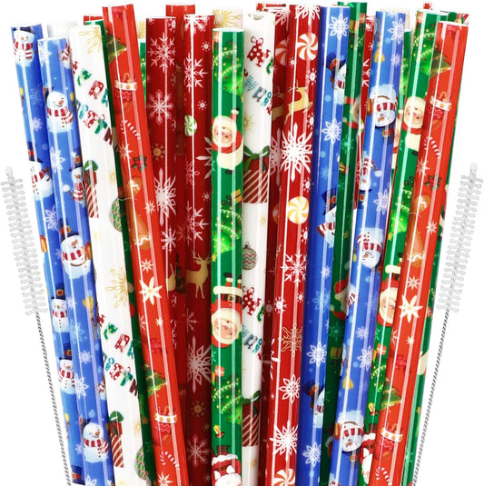 JANYUN 30 Pieces Christmas Drinking Straws BPA-Free 9inch Printing Hard Plastic Reusable Straws Xmas Balls Snowflake Elk Straw for Family Party Favors Supplies Cleaning Brush