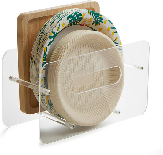 Disposable Paper Plate Dispenser for 7-12 Inch,Clear Acrylic,Round/Square Plastic, Foam & Paper Storage Organizer, for Cabinet, Countertop, Rv or Outdoor Use