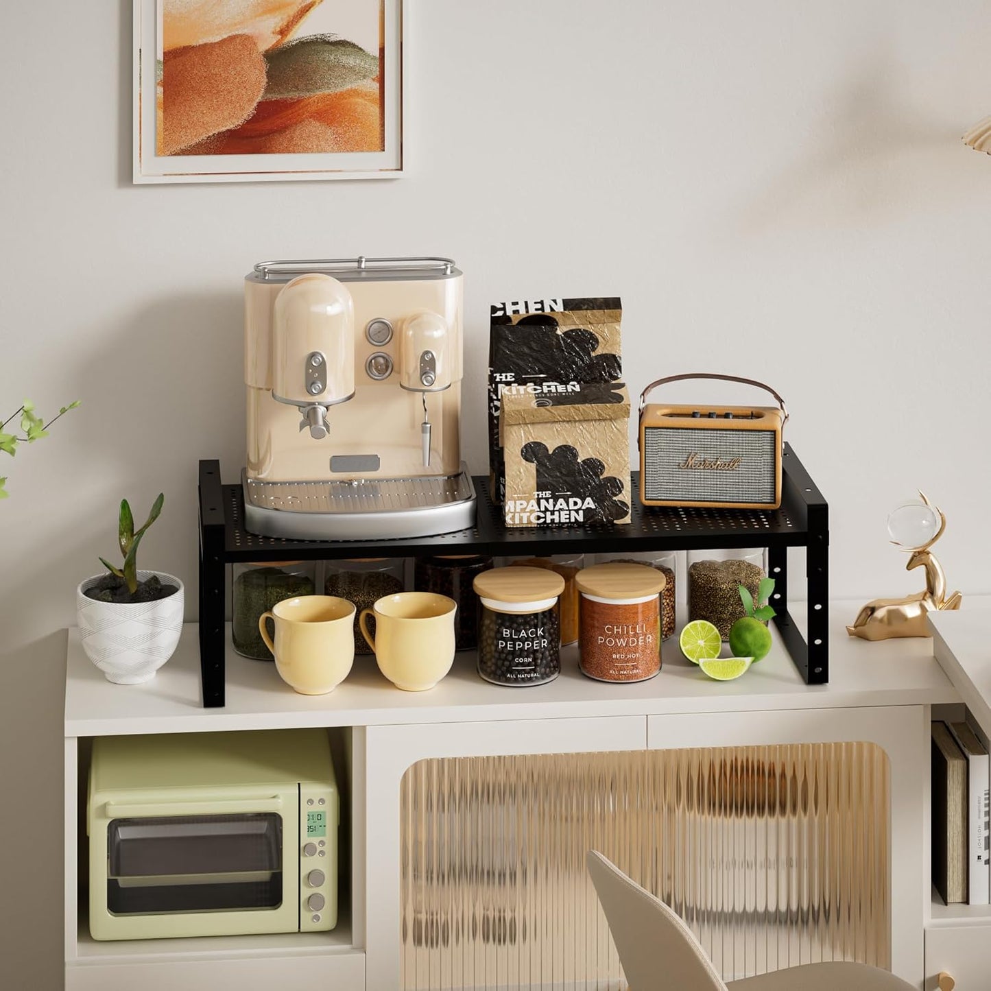 Expandable,Adjustable & Stackable Spice Rack, Cabinet Kitchen Countertop Shelf Organizer,Metal Pantry Storage Shelves - Space-Saving Storage Solution(1Pack/Black/Large)