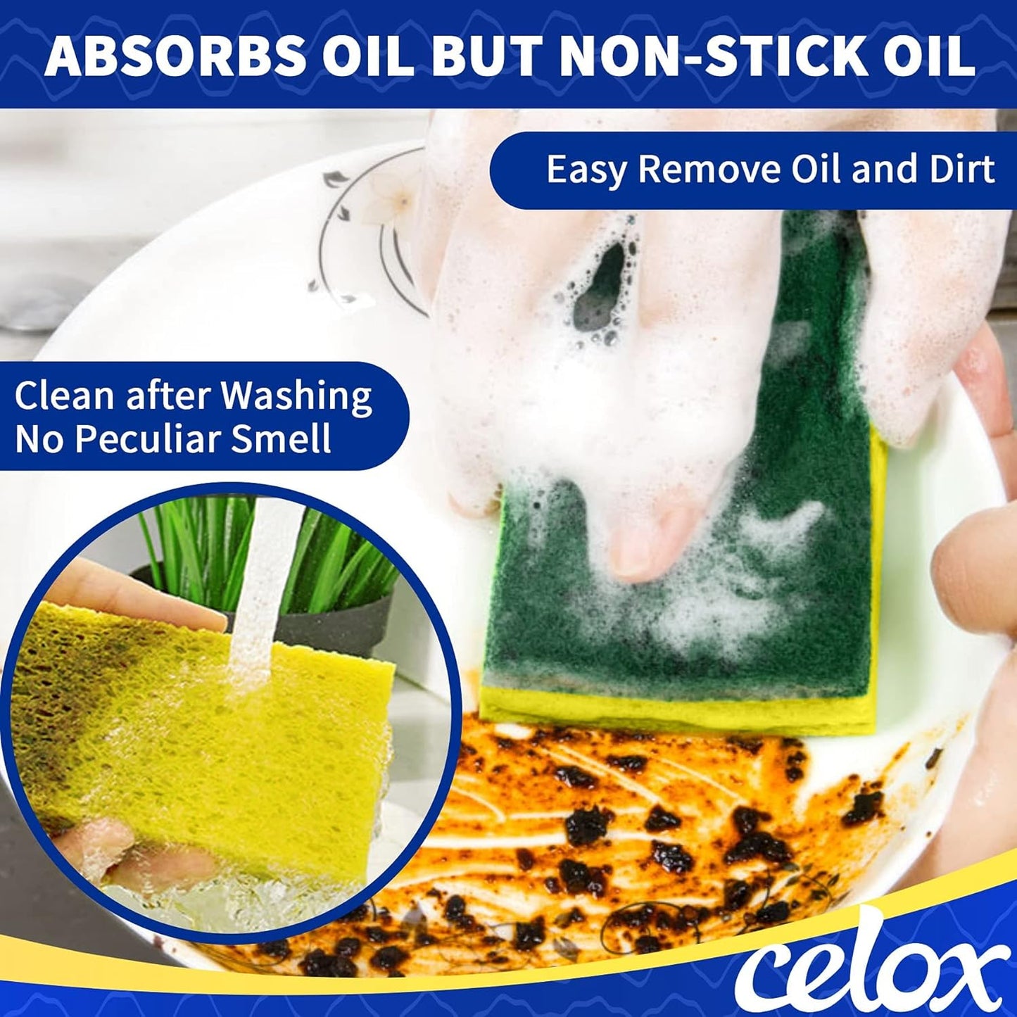 CELOX 6 Pack Dish Sponge for Kitchen, Dual Sided Scrub Heavy Duty, Non Scratch Sponges Perfect for Dishwashing and Household Cleaning, Highly Absorbent and Easy to Dry for Reuse