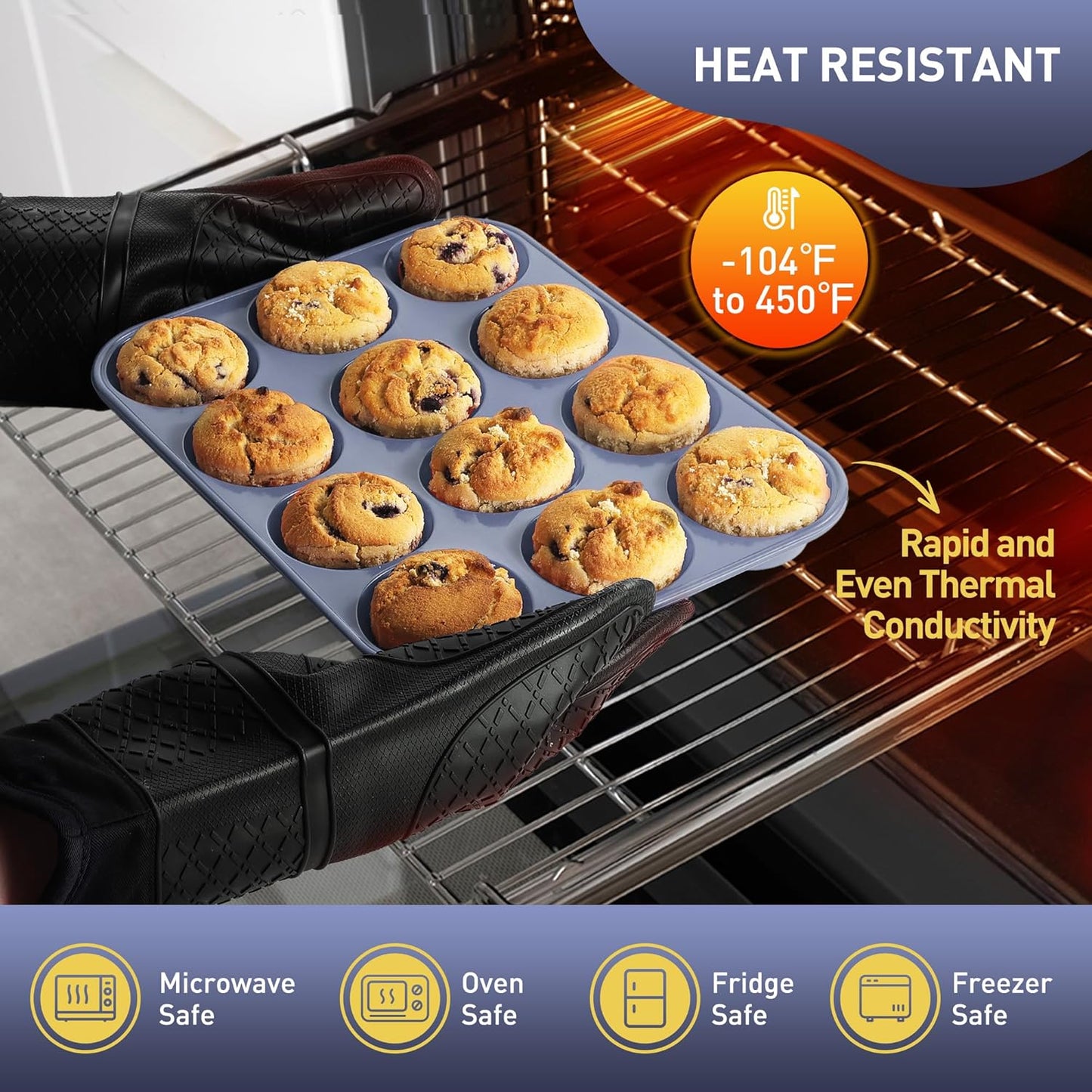 2 Pack 12 Cups Silicone Muffin Pan with Metal Reinforced Frame Regular Size Silicone Molds Cupcake Cake Baking Pans Baking Mold Best Baking Pans Tart Pan Sheet Set Reusable Cupcake Liners