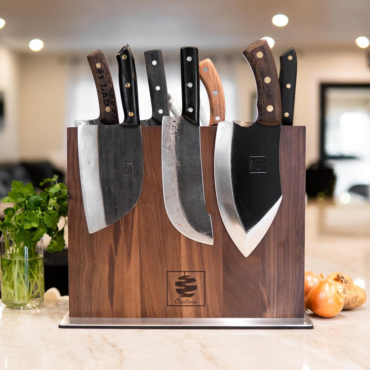 Coolina Walnut Magnetic Knife Holder, Elegant Design Knives Block Stand, Multifunctional, Double Side Magnets with Steel Base