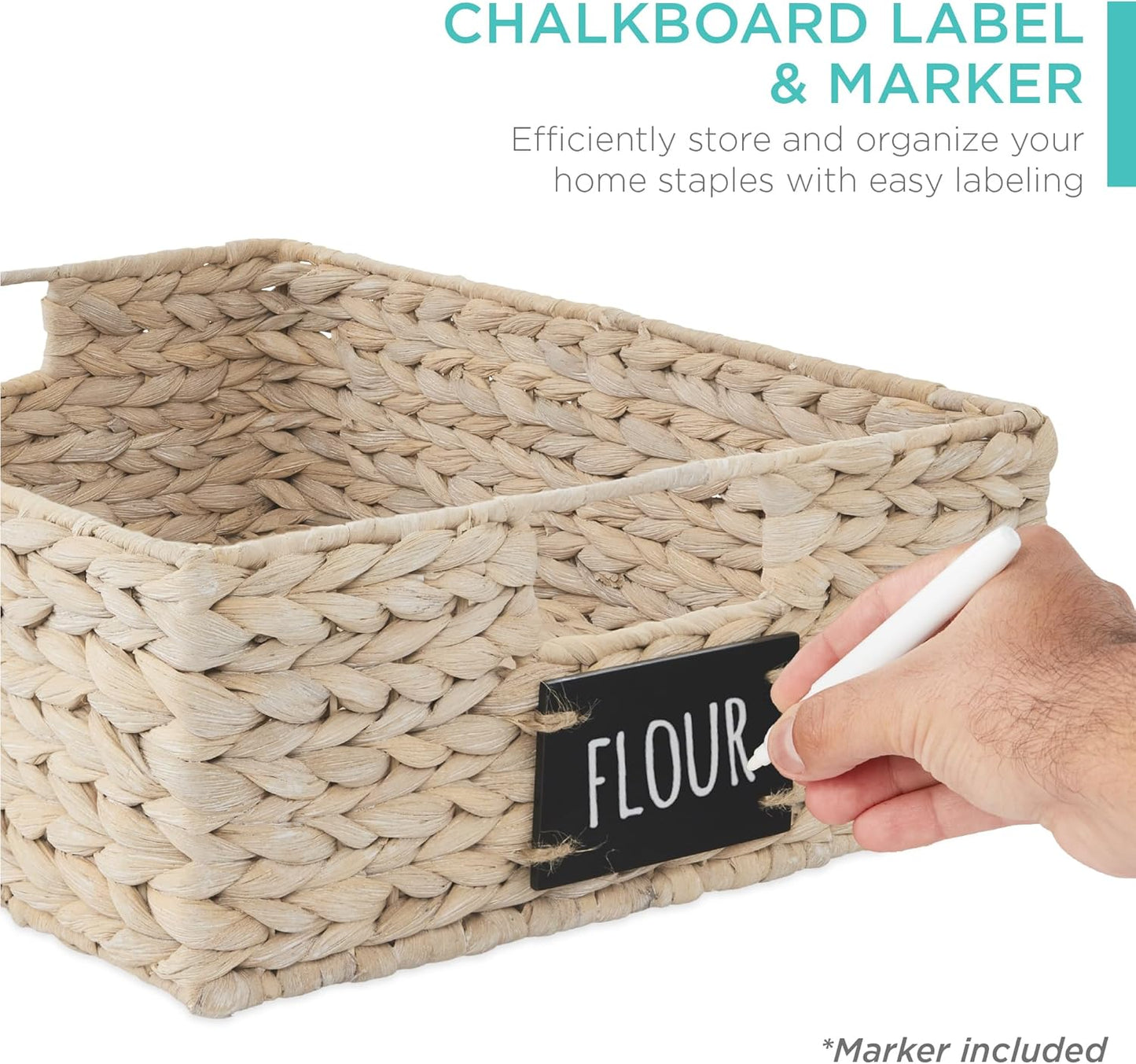 Best Choice Products Set of 4 16x12in Large Water Hyacinth Pantry Baskets, Woven Organizers w/Chalkboard Label, Chalk Marker - White