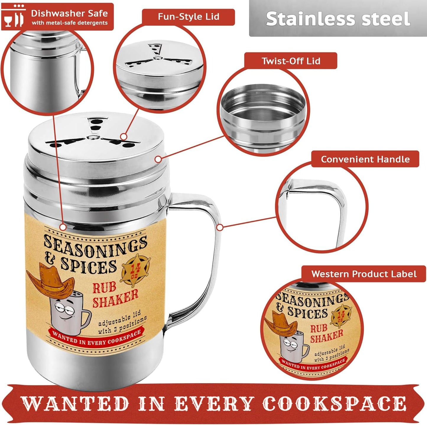 CUSINIUM [Pack of 2] 14 oz Seasonings Spice Shakers - BBQ Dry Rub Shakers - Cooking Dredge with Adjustable Fan-Style Lid and Handles