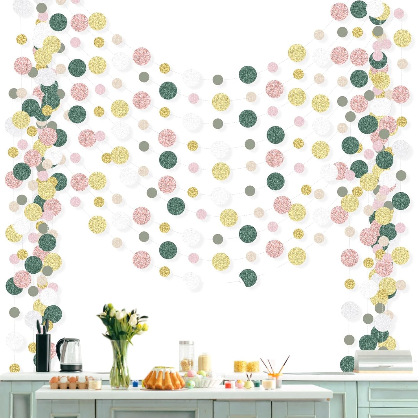 Outus 10 Pieces Colorful Dots Paper Garland Round Glitter Garland Hanging Confetti Streamers Backdrop Decoration for Birthday Classroom Candy Sprinkles Trunk or Treat Party (Sage Green,Pink,Gold)