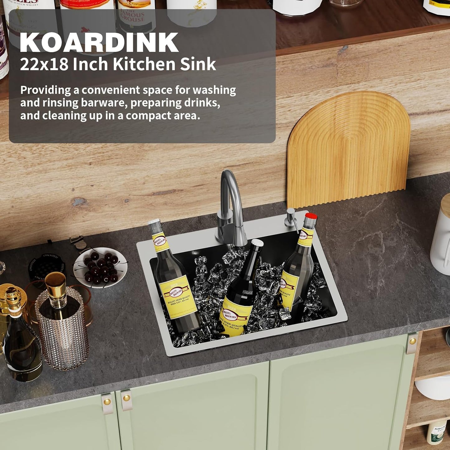 Kitchen And Bar Sink, 22x18 Inch Stainless Steel Drop In Kitchen Sink Modern Single Bowl Topmount Bar Sink Combo-Silicon Mat,Drain Strainer Set Compatibility With Various Kitchen & Bar Style